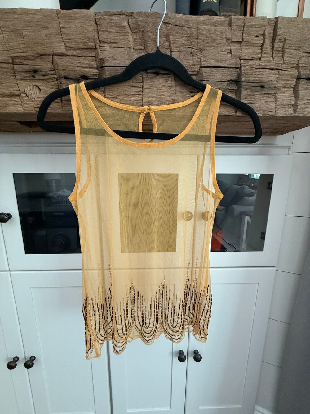 Sheer Mustard Mesh Tank Top Beaded Sequin Hem Flapper Style Art Deco